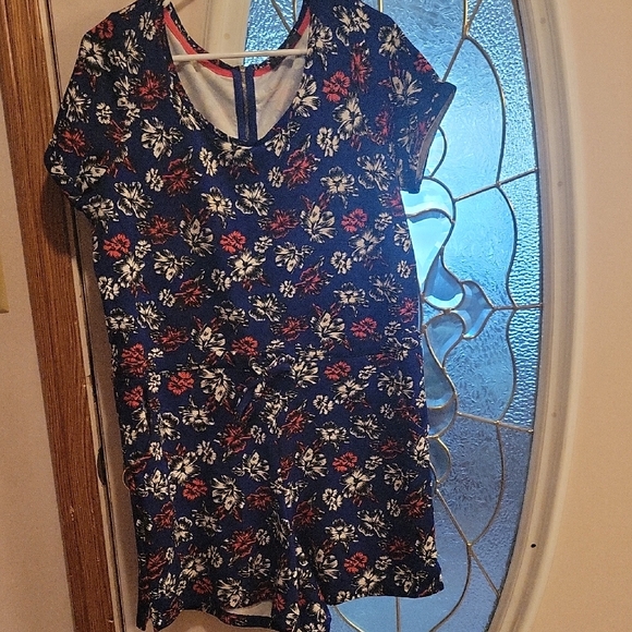 George Pants - George Blue and Red Floral Mini Jumpsuit With Pockets